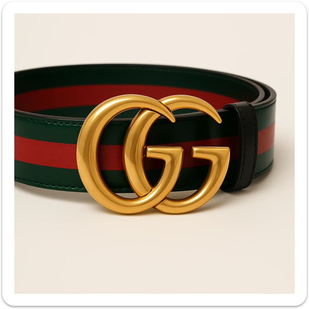 Change the belt band to green, black, and red stripes, keep the gold GG buckle and luxury look, maintaining a high-end fashion style. sticker