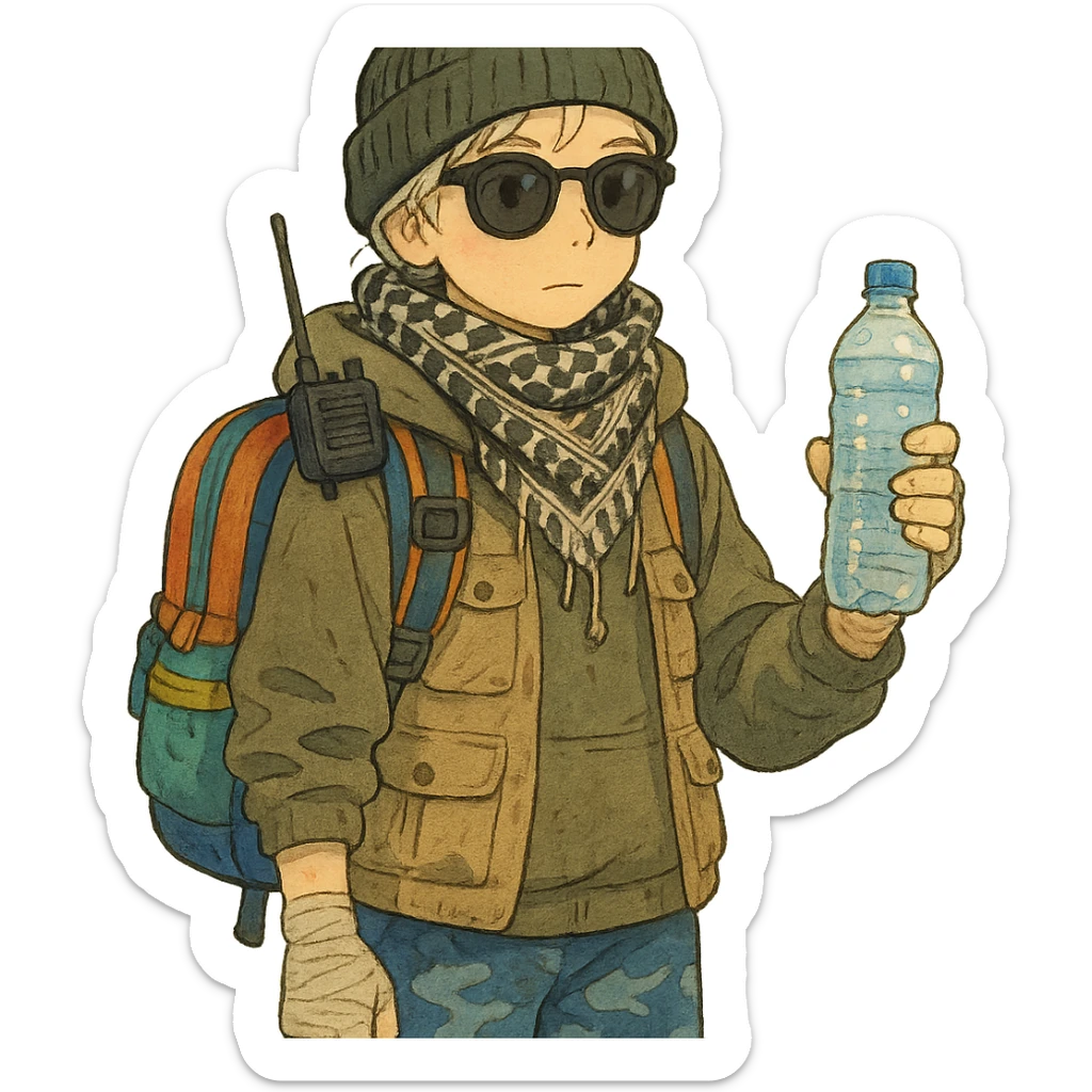 1 female, long white braid, knit cap, dark sunglasses, shemegh neckwrap, fishing vest, vibrant shool backpack, drab hoodie, handwraps, blue camo pants, handheld radio clipped to shoulderstrap of backpack, unkempt, holding a bottle of water sticker