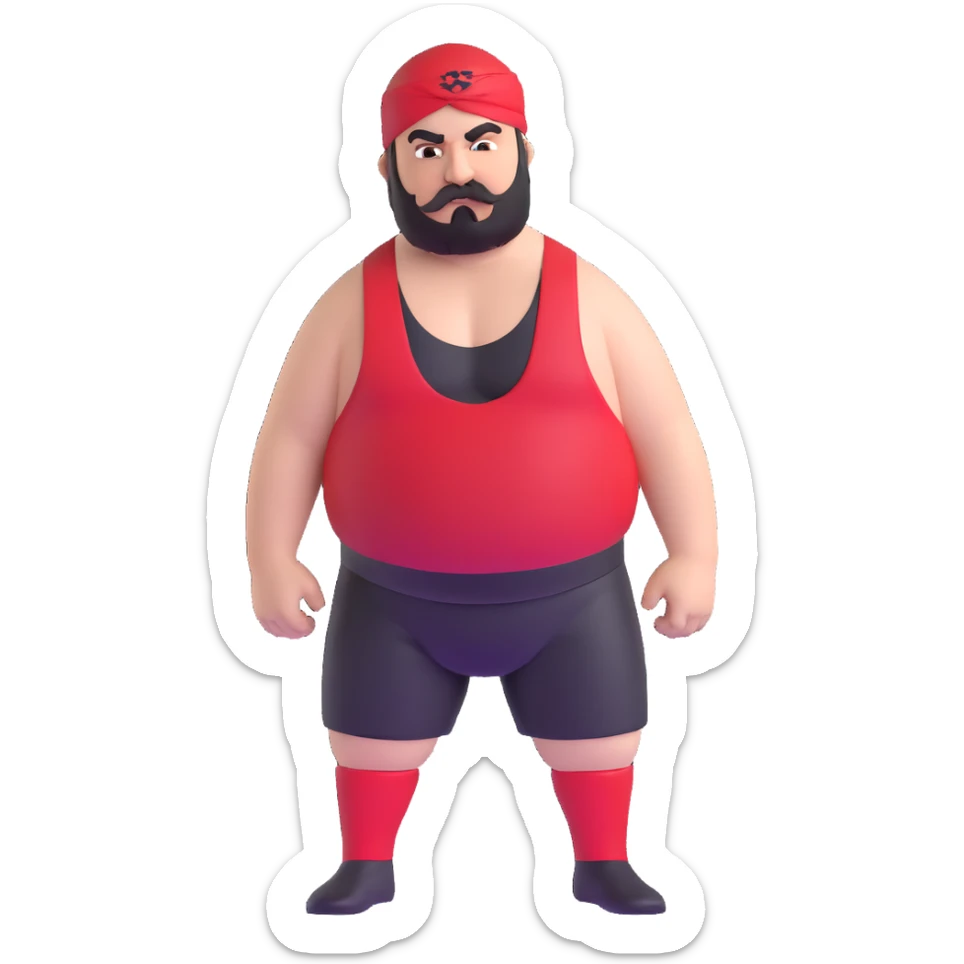 Close-up of very fat white skin guy with young face, beard and mustache, no muscle with prominent black durag, black eyes in a red and black wrestling singlet with angry face sticker