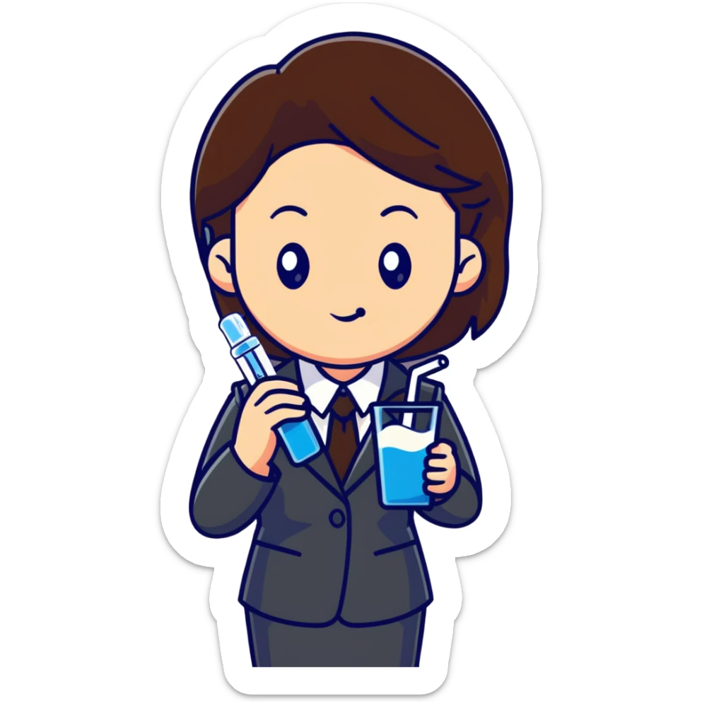 Mom with brown hair in business suit drinking milk and holding a vaccine syringe sticker