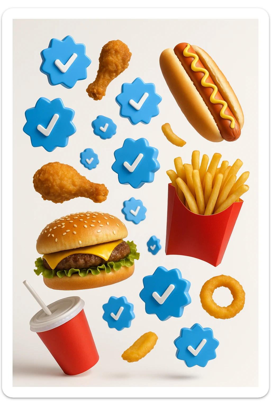 fast food realistico fluttua in aria insieme a spunte di verificato in 3d, sfondo bianco sticker