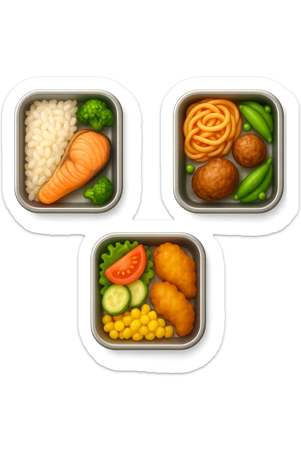 EMOJI STILE IPHONE DI UN 3 schiscette con poco cibo dentro, fluttuano in aria REALISTICA 4K sticker