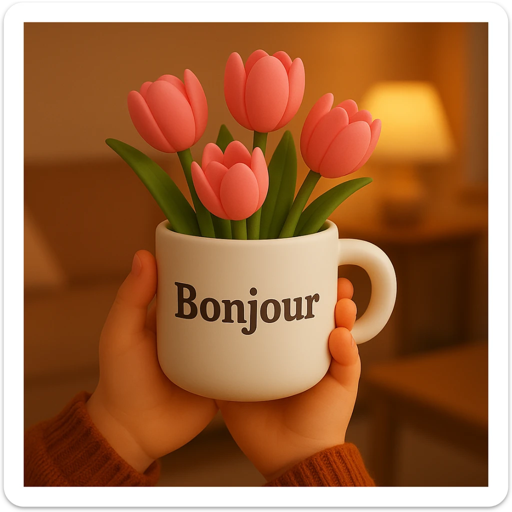 A pair of hands holding a white mug filled with pink tulips, with the word "Bonjour" written on the mug, in a 3D iOS style, with a warm, cozy setting, with a background. sticker
