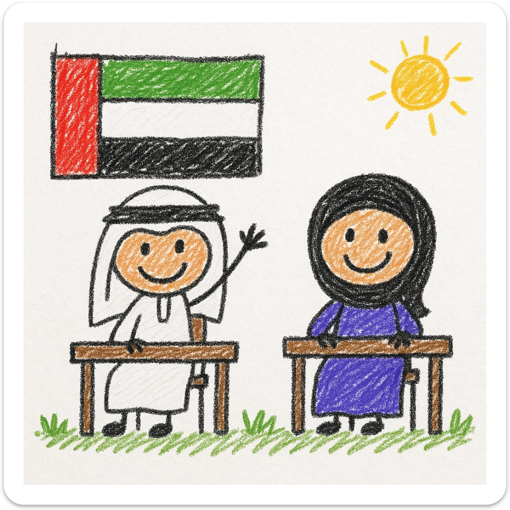 smiling Emirati boy and girl sitting at desks, one raising their hand, UAE flag draped on the wall, bright and engaging style for children sticker