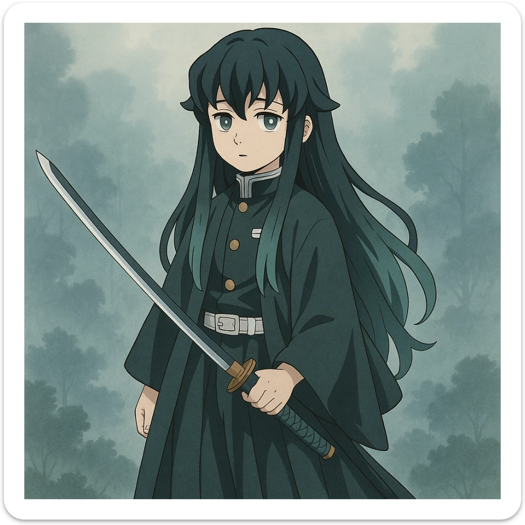 Muichiro Tokito from Demon Slayer, anime style, full body, holding a sword, misty background sticker