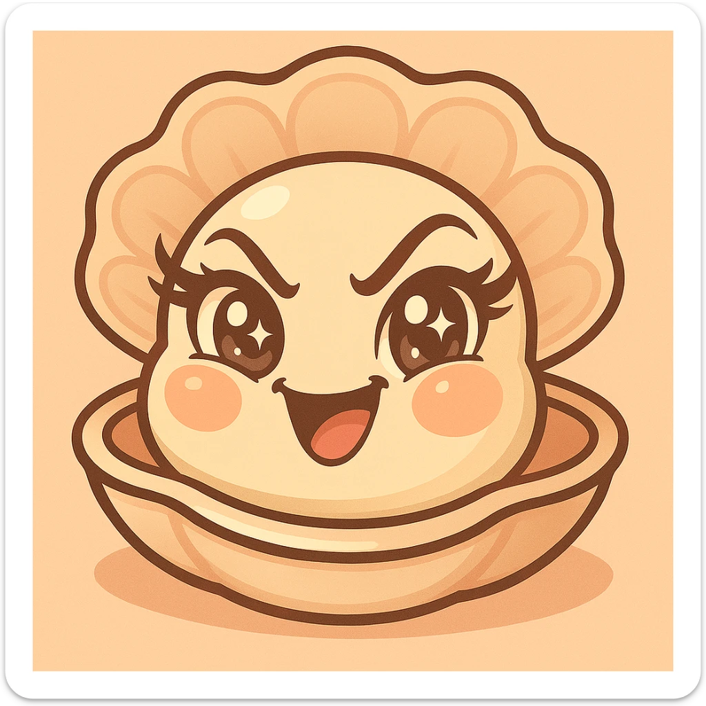 Enhance the contrasts of the image further while preserving the very mischievous expression, very expressive and luminous eyes, elegant eyelashes, and the pastel toon style. Accentuate the pastel, pearly, cream, peach, and greige nuances strongly. Keep the big shell, the small oyster, and the background as is. sticker