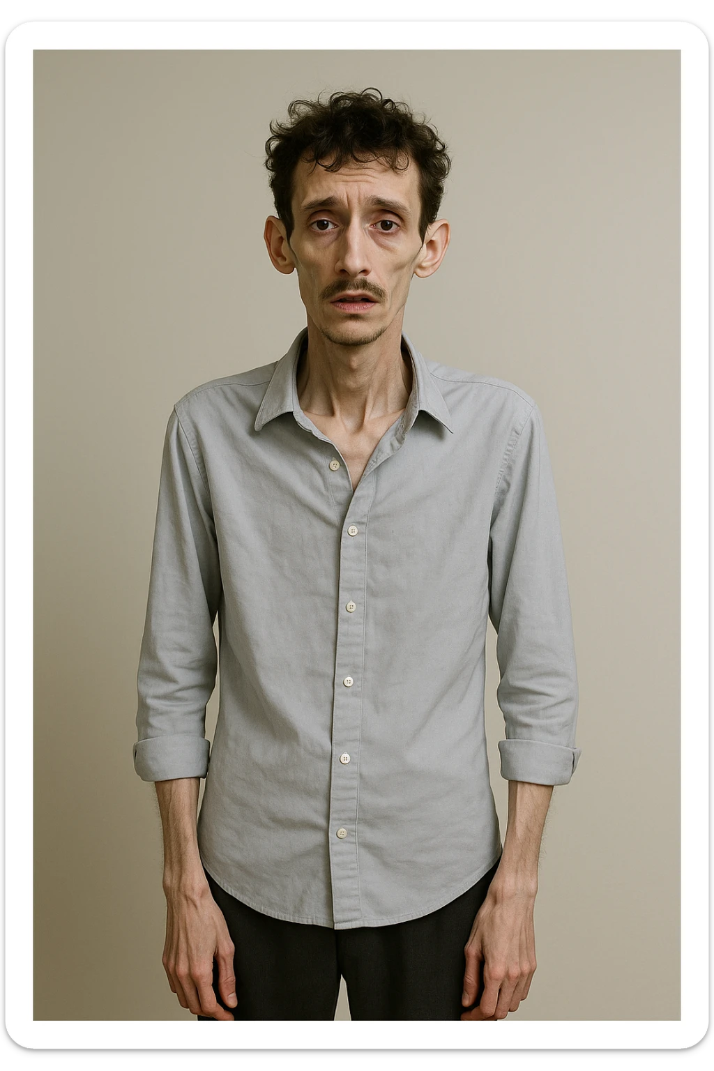 uomo che ha perso massa ed è piatto muscolarmente, lui è in piedi e si vede il fisico debilitato sticker