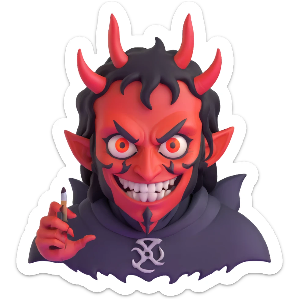 Demonic artist with wild eyes and a sinister smile painting hellscapes sticker