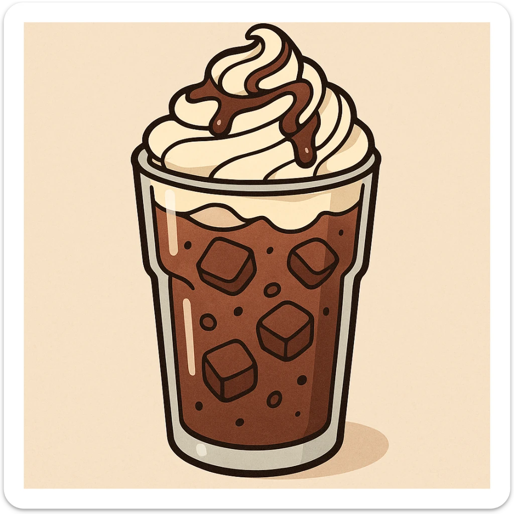 cartoon style iced chocolate in a glass with whipped cream and chocolate drizzle sticker