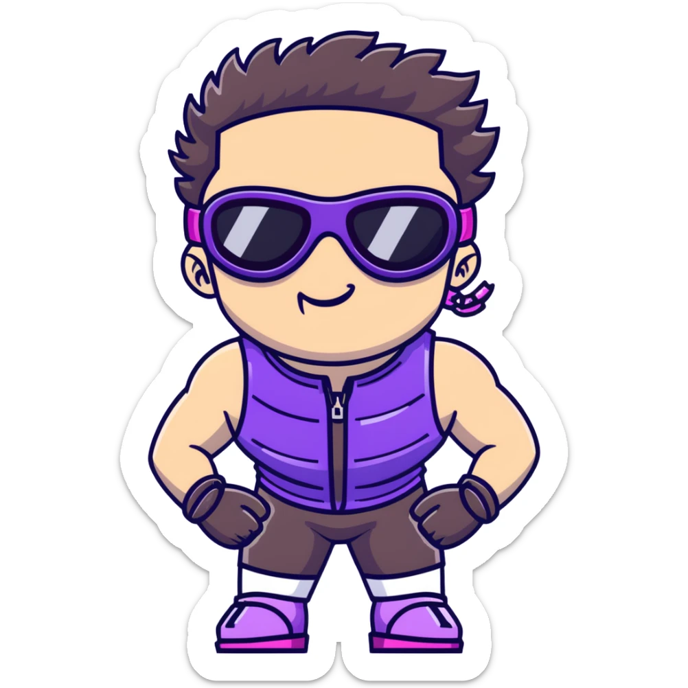 close-up of bad guy male athlete with white skin and moderately curly dark brown hair on top with shaved sides, wearing ski goggles with purple frames and very dark black lenses, a simple plain black chain necklace, and a completely unzipped sleeveless vest with purple and black sequin fire pattern design with no logo, pulling his tongue out very far in an exaggerated mocking gesture, looking menacing and villainous sticker