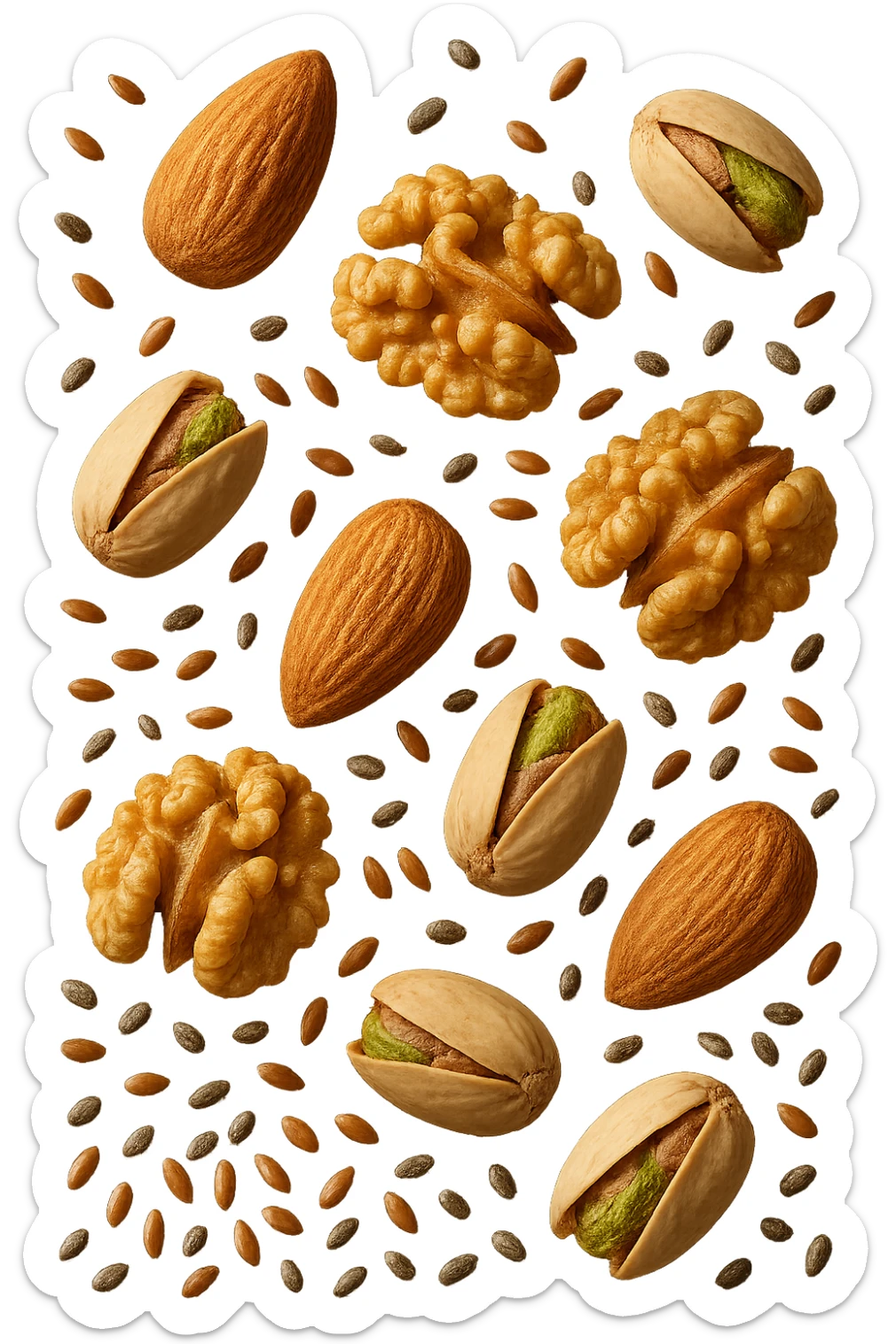 Mandorle, noci, pistacchi, semi di lino e di chia FLUTTUANO IN ARIA, IPERREALISTICO 4K sticker