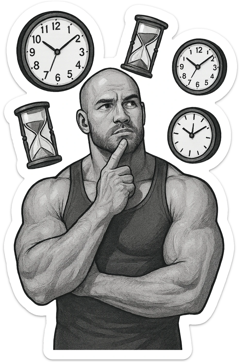 bodybuilder pensieroso che si tiene l'indice sul mento, alle sue spalle fluttuano clessidre e orologi da muro sticker