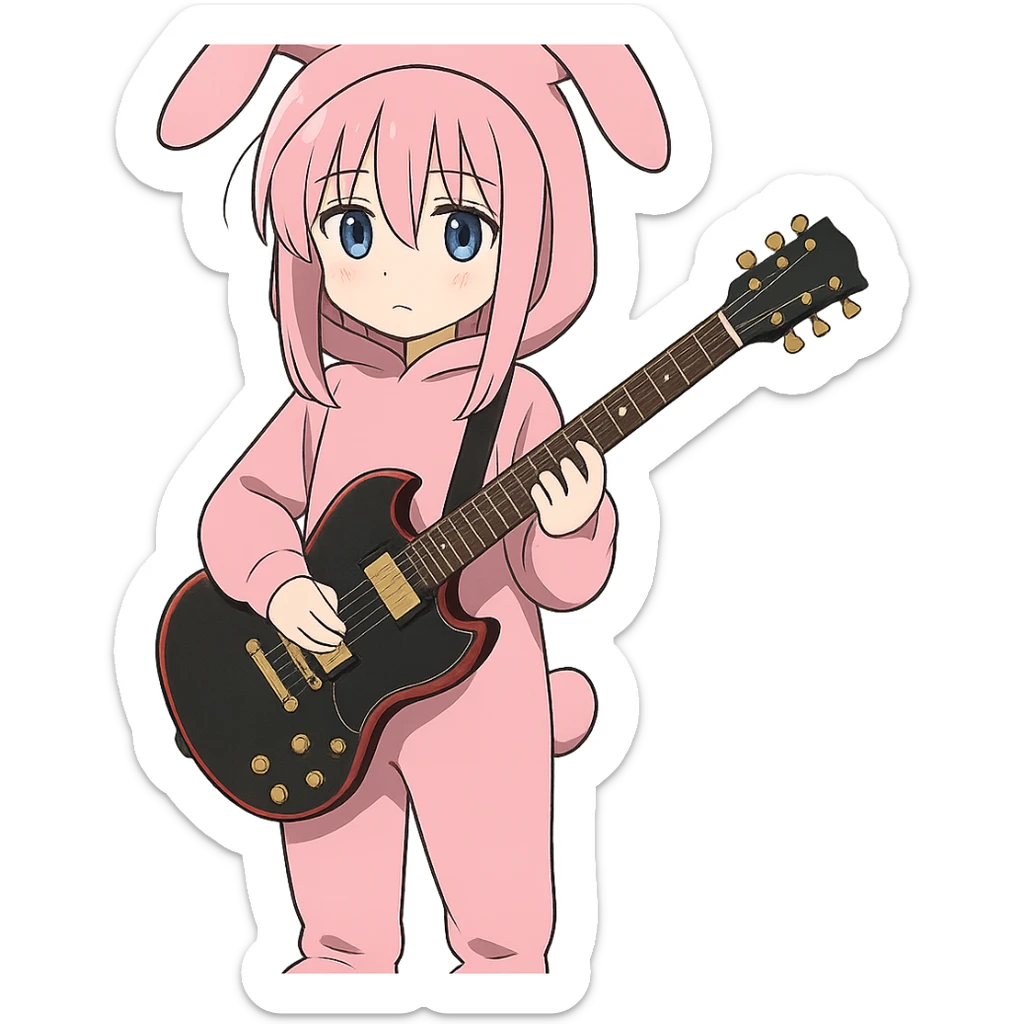 Bocchi the Rock character in a pink costume holding a guitar, anime style sticker