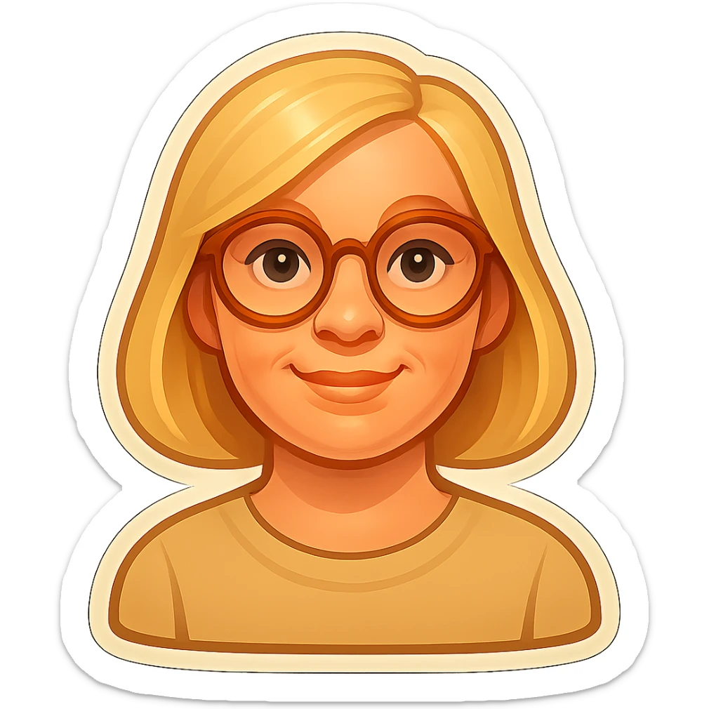Edit the image to depict a Scandinavian woman with blonde hair and light skin, showing a confident and friendly expression. She should be styled in simple modern clothing, in a retro sticker style consistent with the original image. sticker