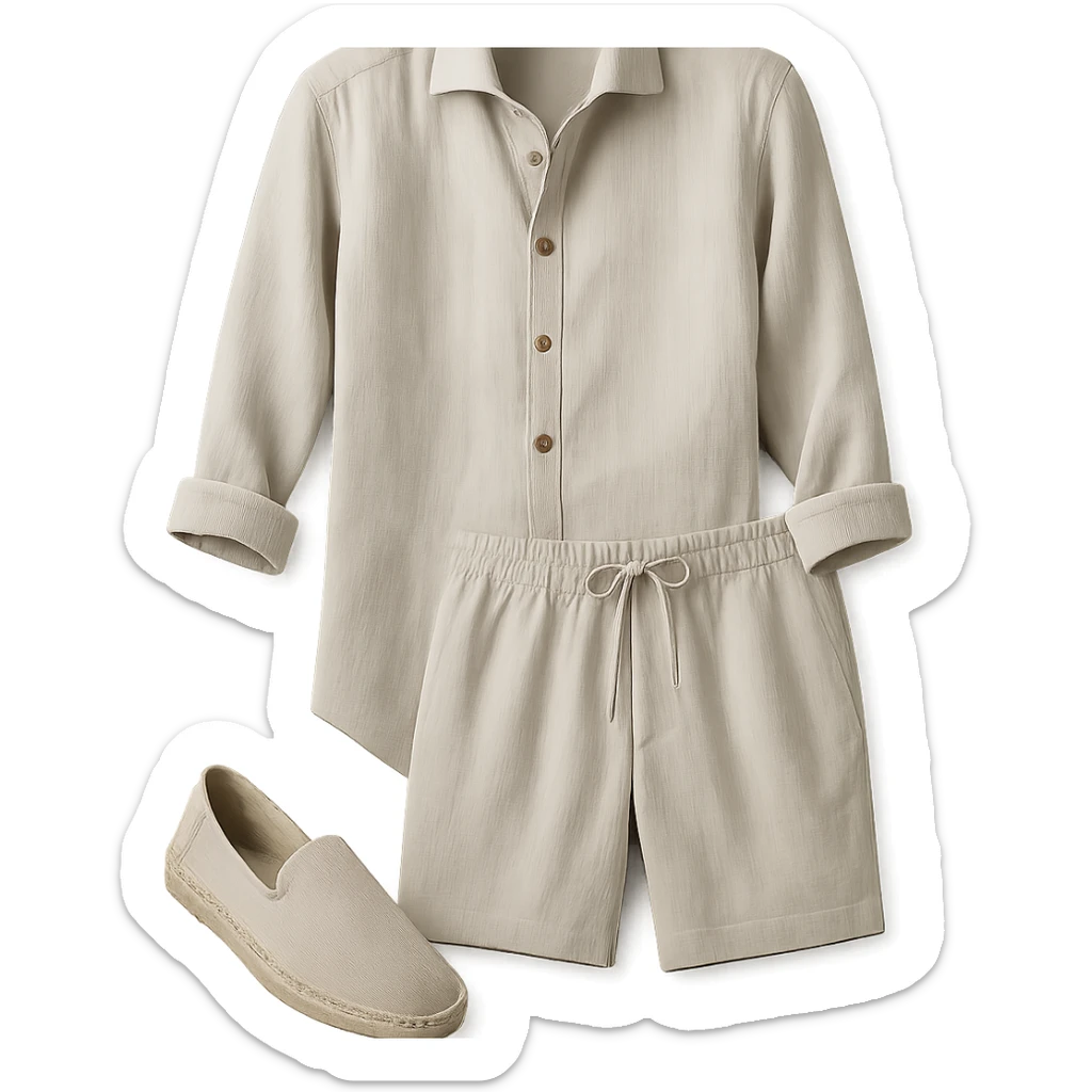 stylish European linen summer outfit, only the clothing, white background sticker