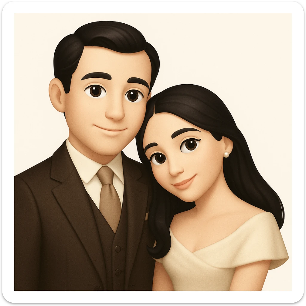 Create a gentle and romantic couple with black hair, styled in an old money fashion, posed similarly to the reference image which has a 3D emoji look that is soft and friendly. The style should evoke the feel of the 3D emoji style but adapted in a way that the general editor can interpret and maintain the soft and friendly vibe. sticker