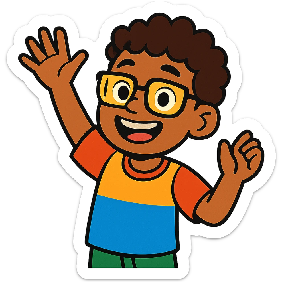 11 year old mixed-race boy, yellow and black glasses, curly hair, colorful cartoon style, joyful expression sticker
