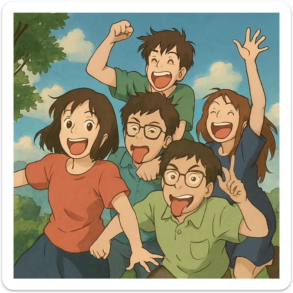 grupo de personas haciendo locuras, estilo Ghibli sticker