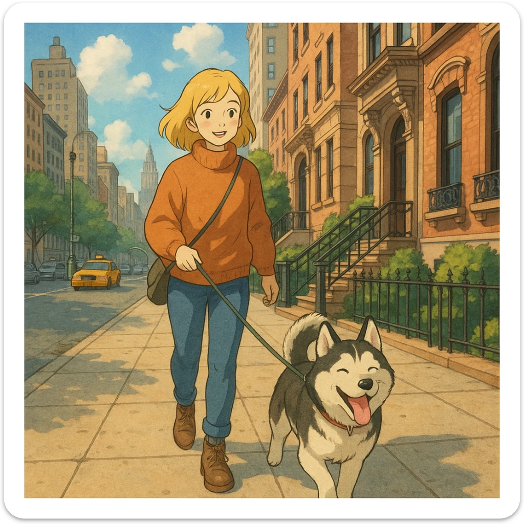 Cute Blonde woman wearing a sweater walking a happy Siberian husky in New York City on an upper east side city sidewalk  sticker