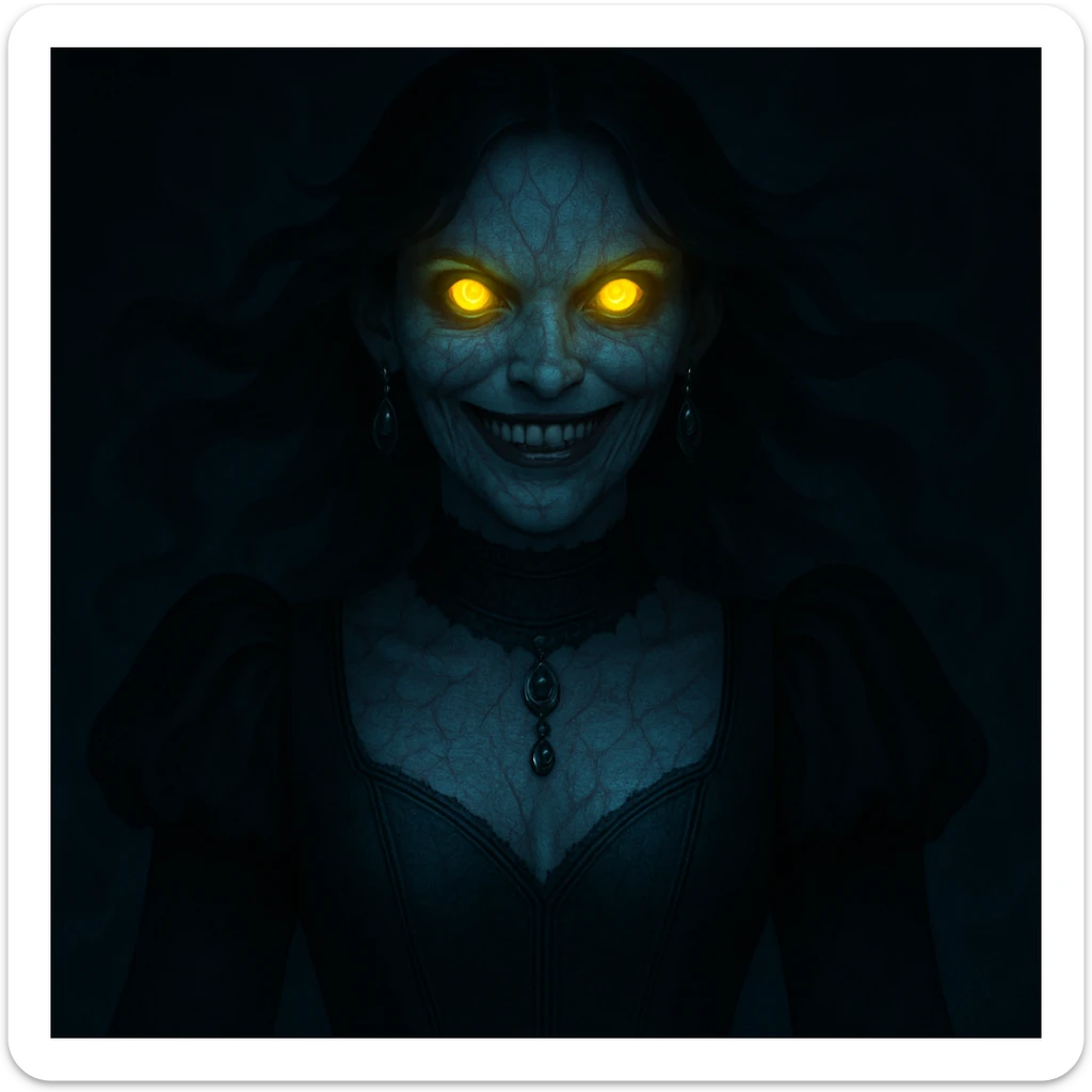 Add ornate gothic jewelry including a black lace choker, silver pendant, and dark gemstone earrings while keeping the horror and supernatural features intact. sticker