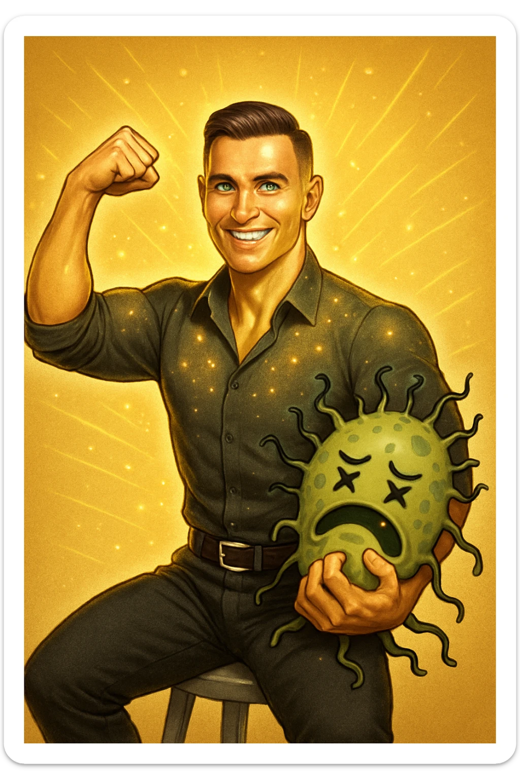 Un uomo atletico (30-40 anni) dalla pelle perfettamente liscia, senza cicatrici o imperfezioni, che emana un leggero bagliore dorato (metafora degli anticorpi).
Occhi brillanti con riflessi blu-verdi (simbolo di salute estrema).
Postura eroica, con un braccio sollevato in un gesto di forza, mentre con l'altro tiene un batterio gigante schiacciato come se fosse un mostro sconfitto. sticker