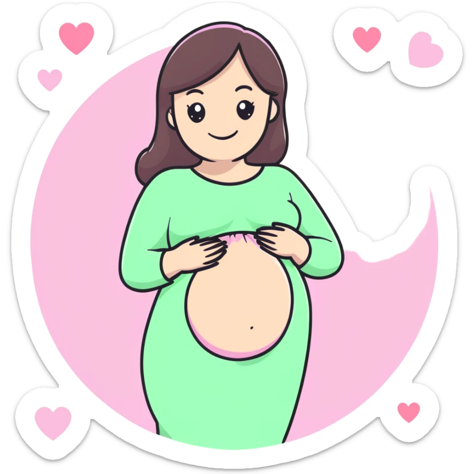 smiling brunette pregnant woman surrounded by pastel pink hearts sticker