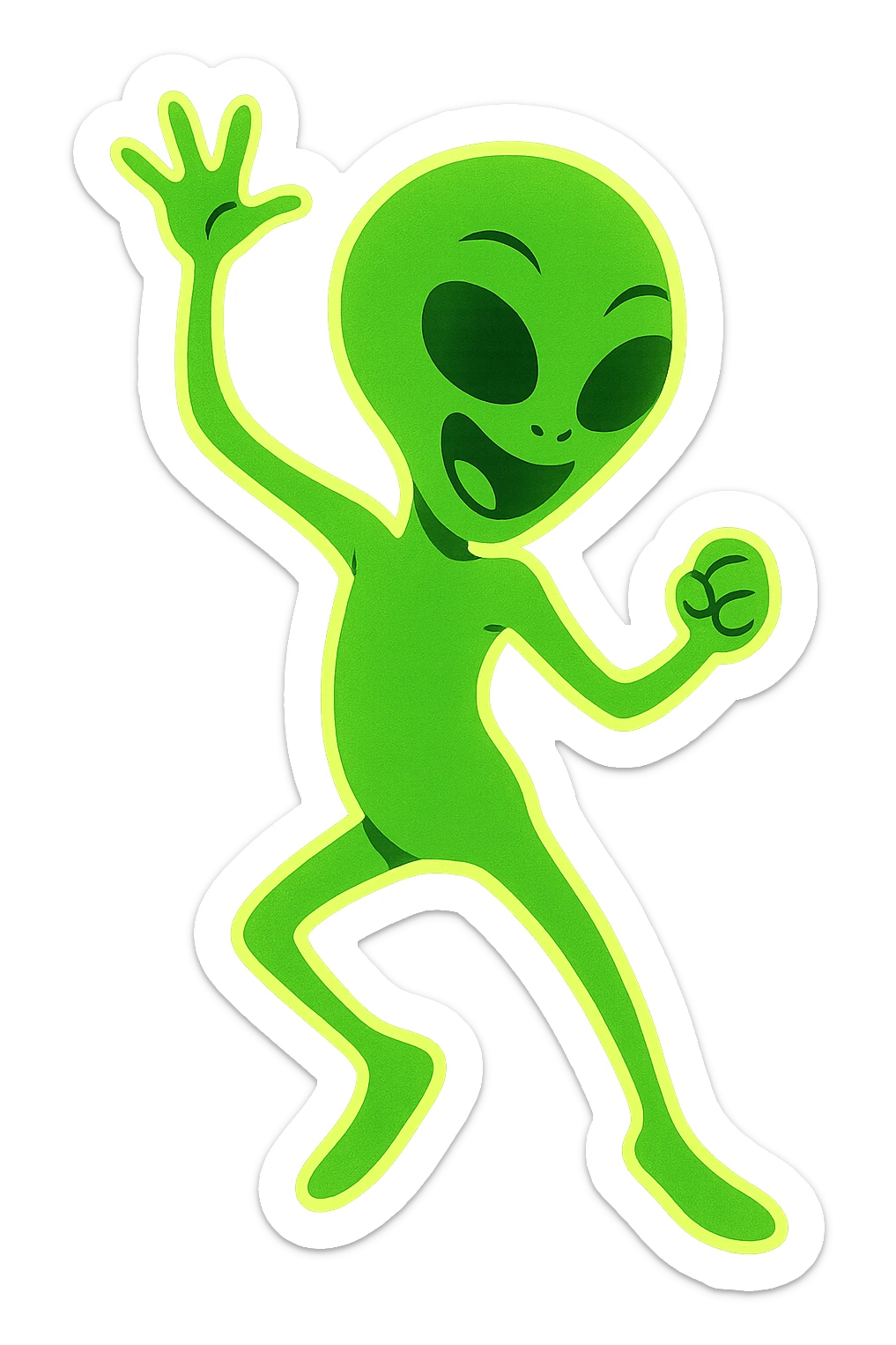 Edit the image of a dancing alien in neon green with an animated style and glowing outline. Create a new pose. The image should be PNG with a transparent background, emphasizing the glowing contour and animation style. sticker