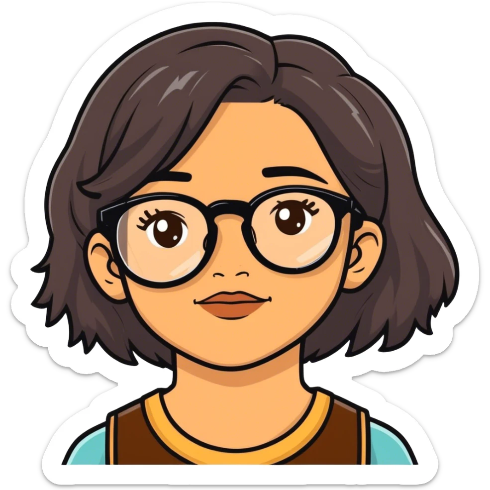 A hispanic girl with black glasses and brown and black highlights on her hair sticker