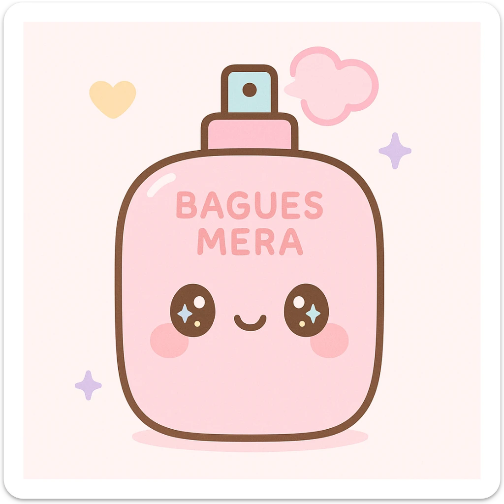pink perfume bottle with the letters 'bagues mera', cute and tender kawaii style sticker