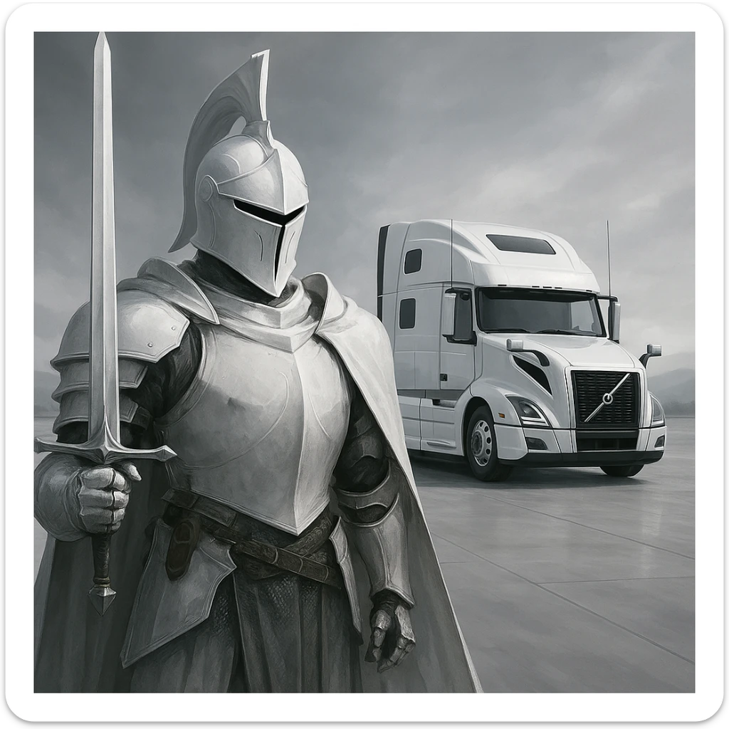 a white knight with a 2022 white Volvo semi sleeper truck parked in the distance, epic, modern, clean background sticker