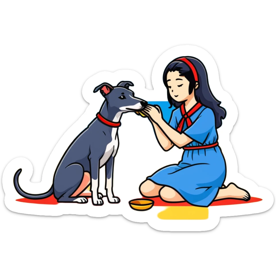 Only ONE beautiful 25-year-old Japanese woman with long flowing black hair wearing a stylish BLUE beach dress, gently PETTING her ONE PURE SOLID DARK GREY whippet with a bright RED COLLAR on a sunny beach. The woman is kneeling or bending down to pet the whippet, with her hand lovingly stroking the dog's head or back. The single whippet MUST be 100% SOLID DARK GREY with ABSOLUTELY NO WHITE MARKINGS ANYWHERE - specifically NO WHITE on face, NO WHITE on chest, NO WHITE on paws - ENTIRELY ONE CONSISTENT SOLID DARK GREY COLOR throughout. Just one woman and one dog. Bright blue daytime sky, sunshine, blue ocean and golden sand beach in the background. sticker