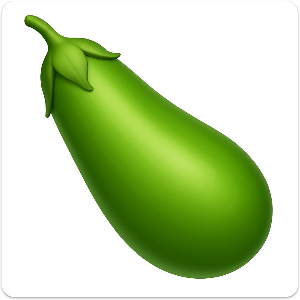 Create a green eggplant in the style of emoji (apple style emojis). The eggplant should have a smooth, shiny surface with a green color and a green stem, resembling the typical emoji style. sticker