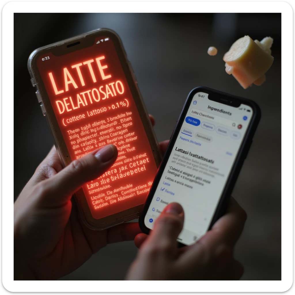macro hyper-realistic shot of an ingredient list with 'LATTE DELATTOSATO (contiene lattosio <0.1%)' glowing red, a man's finger pointing at it, phone screen displaying a Google search for 'Lattasi sintetica effetti collaterali', and a floating lactose molecule sticker