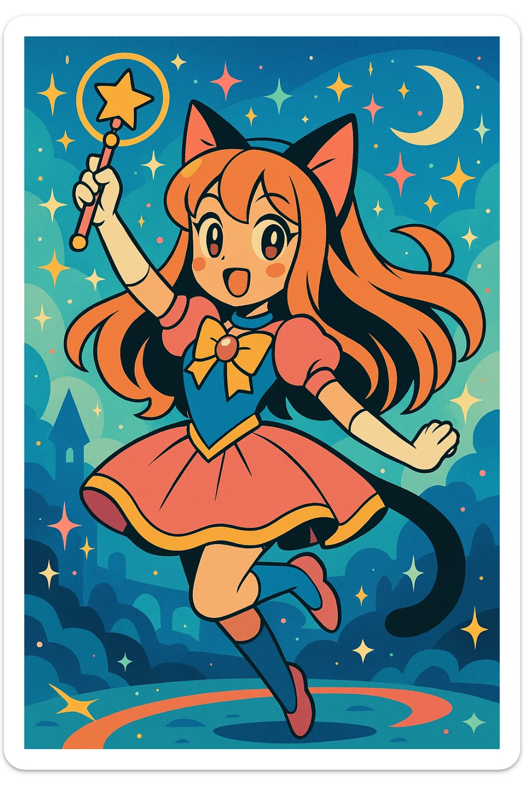 anime catgirl, magical girl theme, sparkles, cat ears, dynamic pose, flowing hair, fantasy background sticker
