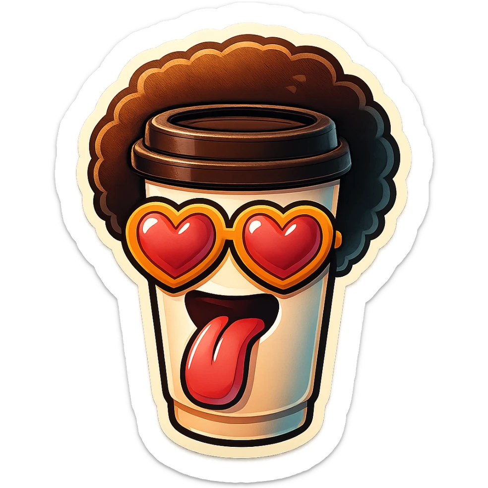 Tall coffee cupp, afro, heart glasses, big heart eyes, tounge rolled out sticker