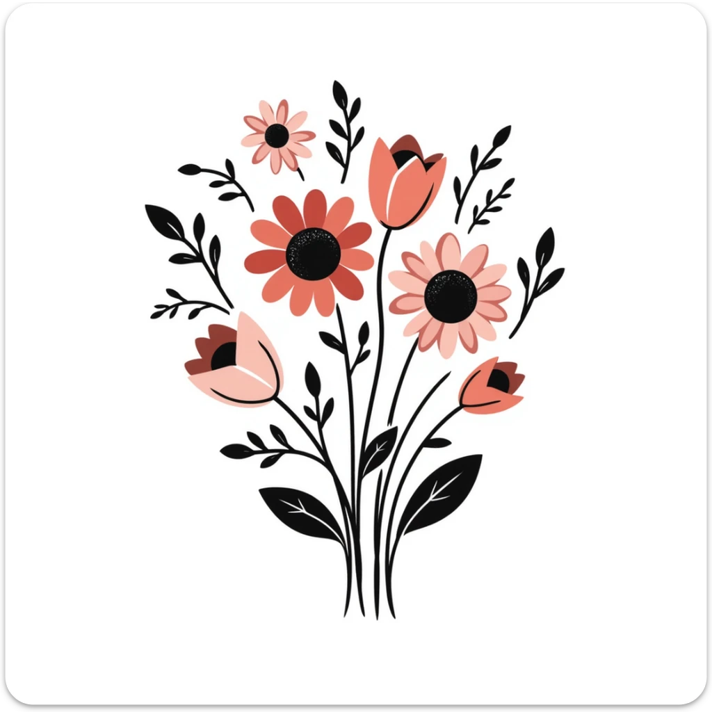 a bouquet with a variety of different flower types including roses, tulips, daisies, sunflowers, and lilies with stems and leaves in pastel colors dd9fb0, ffc6d3, a3bfc9, c4bee2, f1b091, detailed hand-drawn doodle style sticker