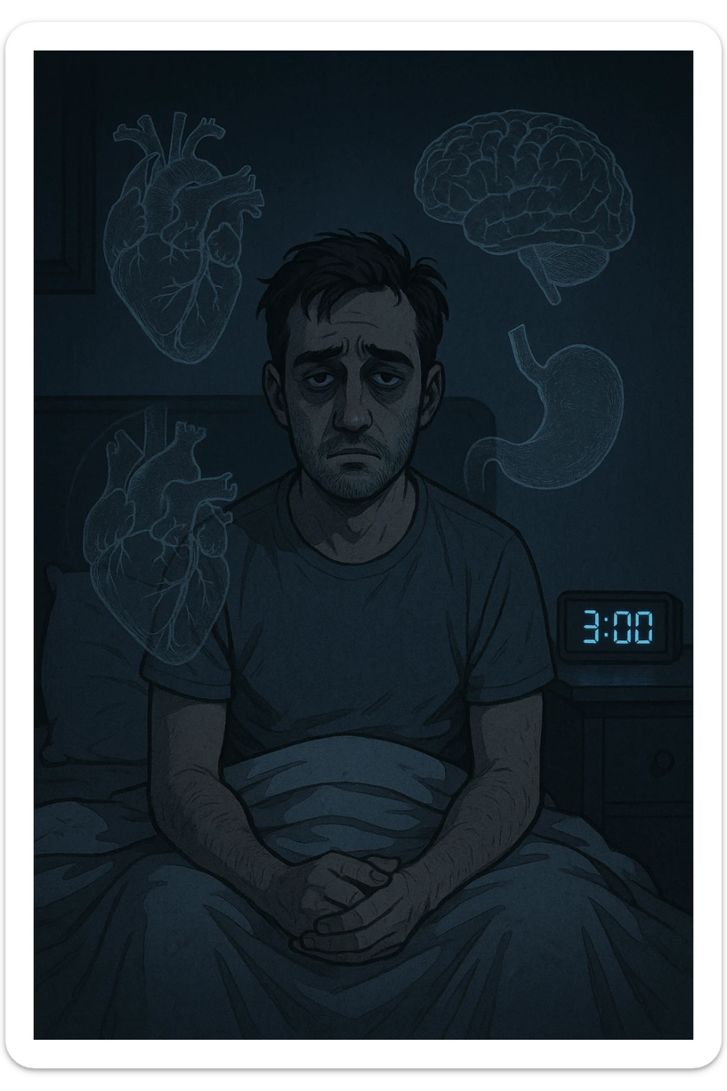 a man sits awake in bed in the middle of the night, dark circles under his eyes and a tired, anxious expression. The room is dimly lit by the blue glow of a phone or digital clock showing 3:00 AM. Around him, faint ghostly overlays of anatomical drawings highlight affected organs—heart, brain, and stomach—symbolizing the physical harm caused by disrupted sleep. sticker