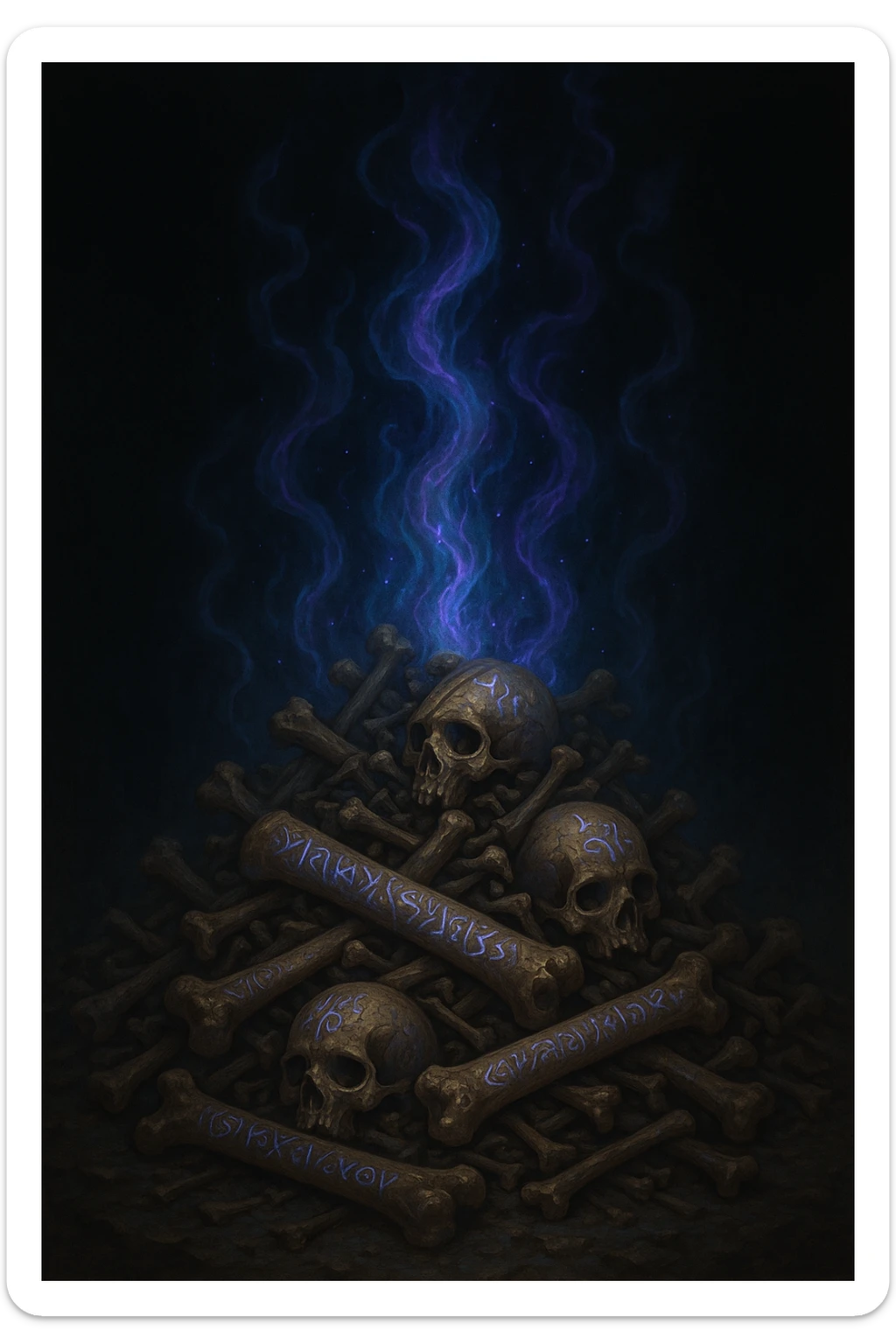 a pile of bones carved with magic runes, mystical energy rising from the pile, fantasy illustration sticker