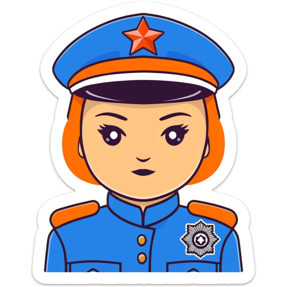 Female Russian police officer with traditional Russian police fur hat and blue uniform sticker