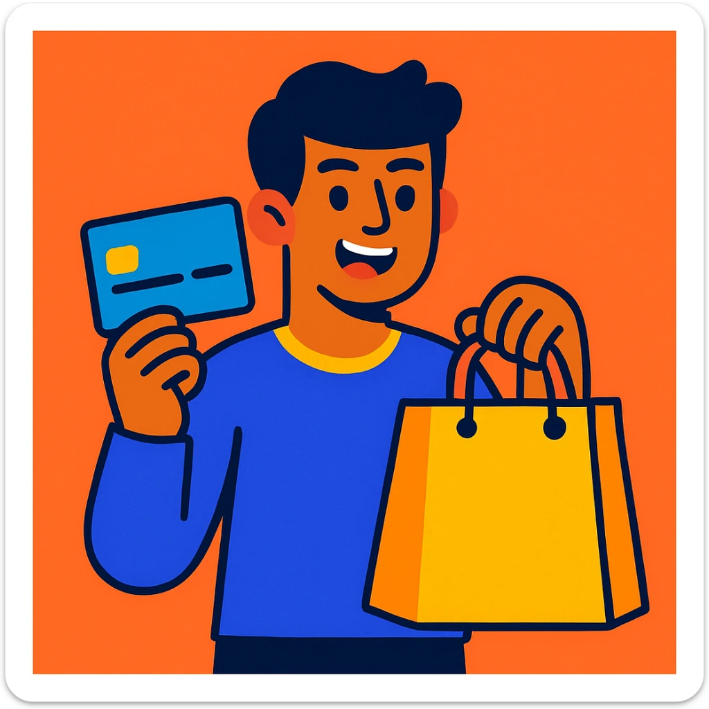 a guy holding a credit card and a shopping bag, modern illustration, vibrant colors sticker