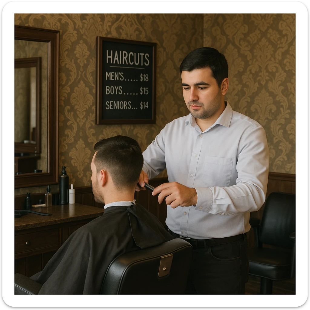 Draw me a picture of a barbershop that looks like this guy working in a barbershop. The barbershop doesn't have to be very modern. It should be on a medium floor. Also draw a blackboard on the wall. It should have the prices for haircuts there. sticker