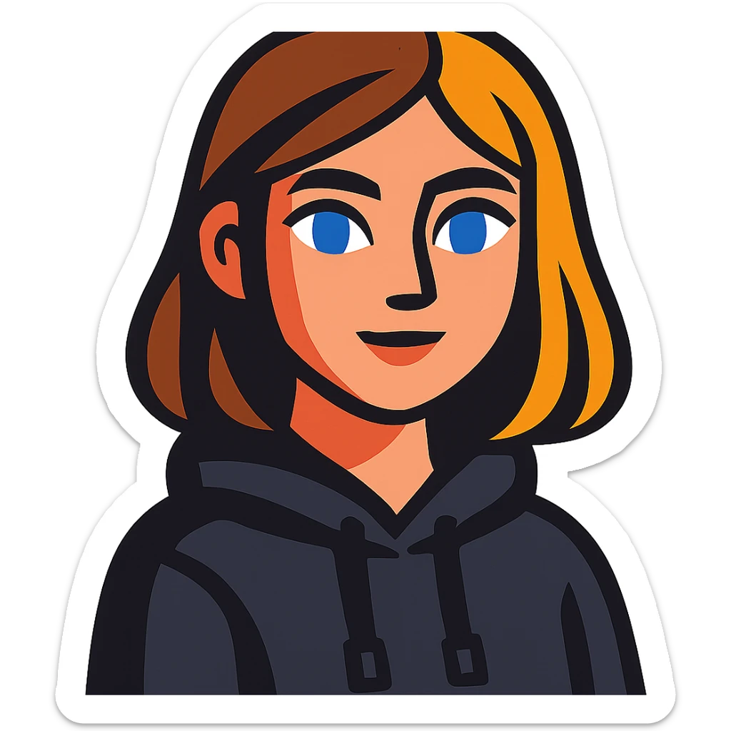 designer girl with blue eyes, brown and blonde hair to shoulders, black hoodie sticker