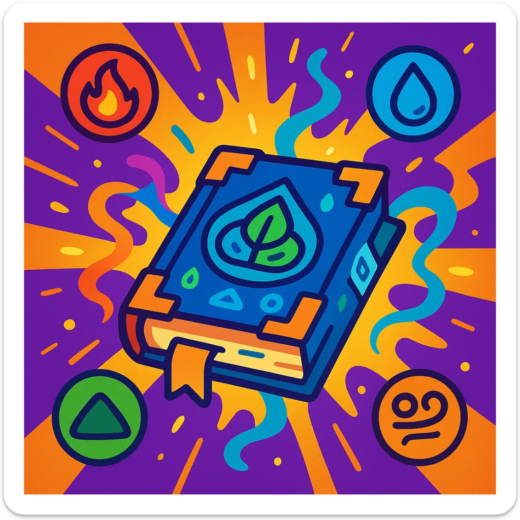 a spellbook with elemental runes, emitting magical energy, with icons of fire, water, earth, and air around it, in a vibrant cartoon style sticker