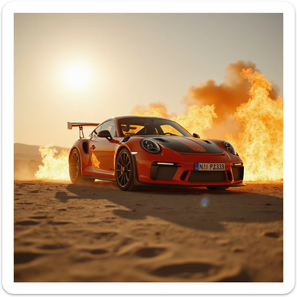 Cinematic shot, Porsche 911 gt3 rs in fire, desert, sunny day, dubai in background sticker