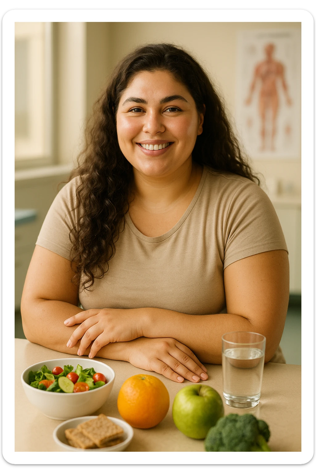 realistic portrait of a woman with PCOS following a healthy and balanced diet, healthy and radiant appearance, well-cared skin, thick hair, energetic posture, clinical atmosphere, realistic details, warm natural lighting, vertical 2:3 aspect ratio, no text sticker