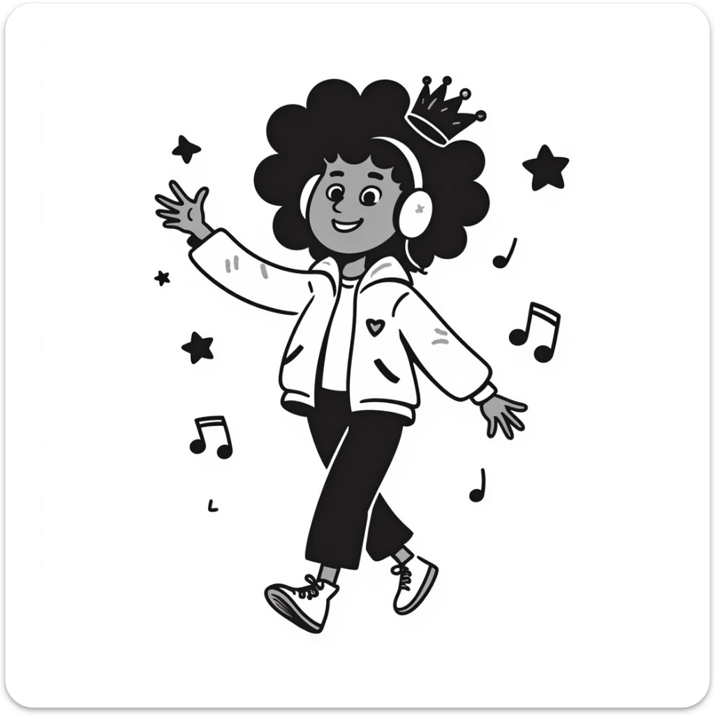 black-and-white line art of a confident African-American girl with a crown and headphones, dancing, hip-hop jacket, sneakers, surrounded by music notes and stars, pure line art only, no shading, no borders, no grayscale, no solid black fills, classic kids coloring fun style, portrait 1024x1536 sticker