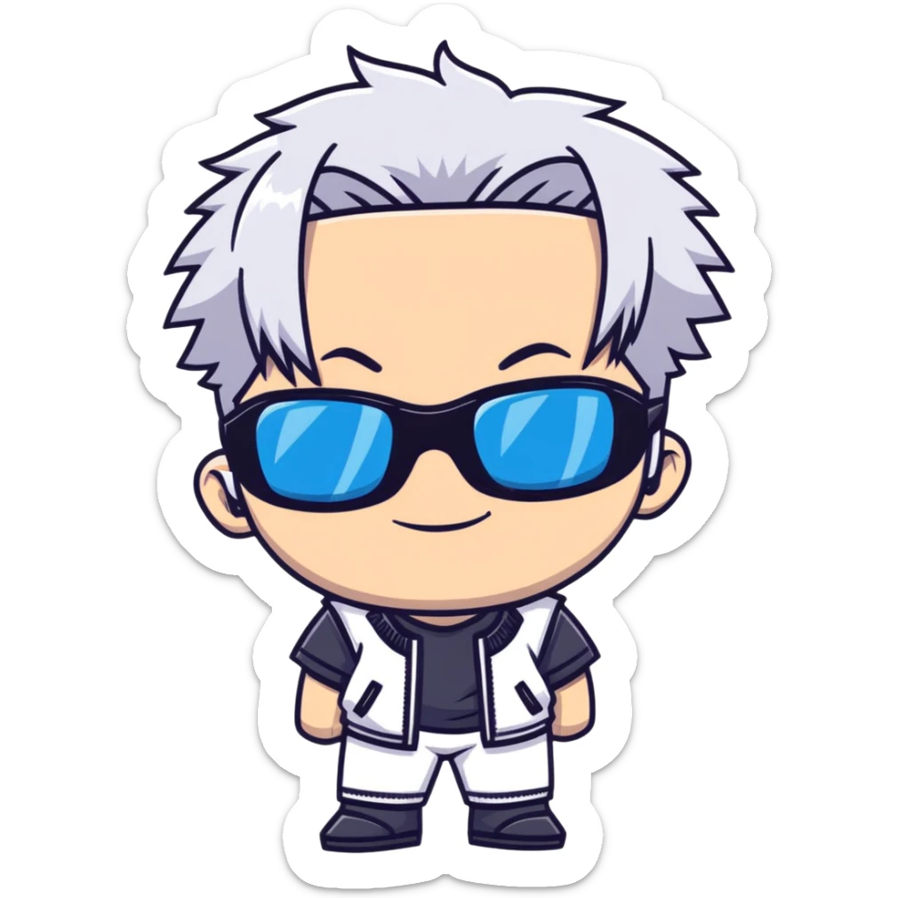 Satoru Gojo from Jujutsu Kaisen, white hair, dark sunglasses, confident smirk, blue eyes, chibi face proportions, energetic expression sticker