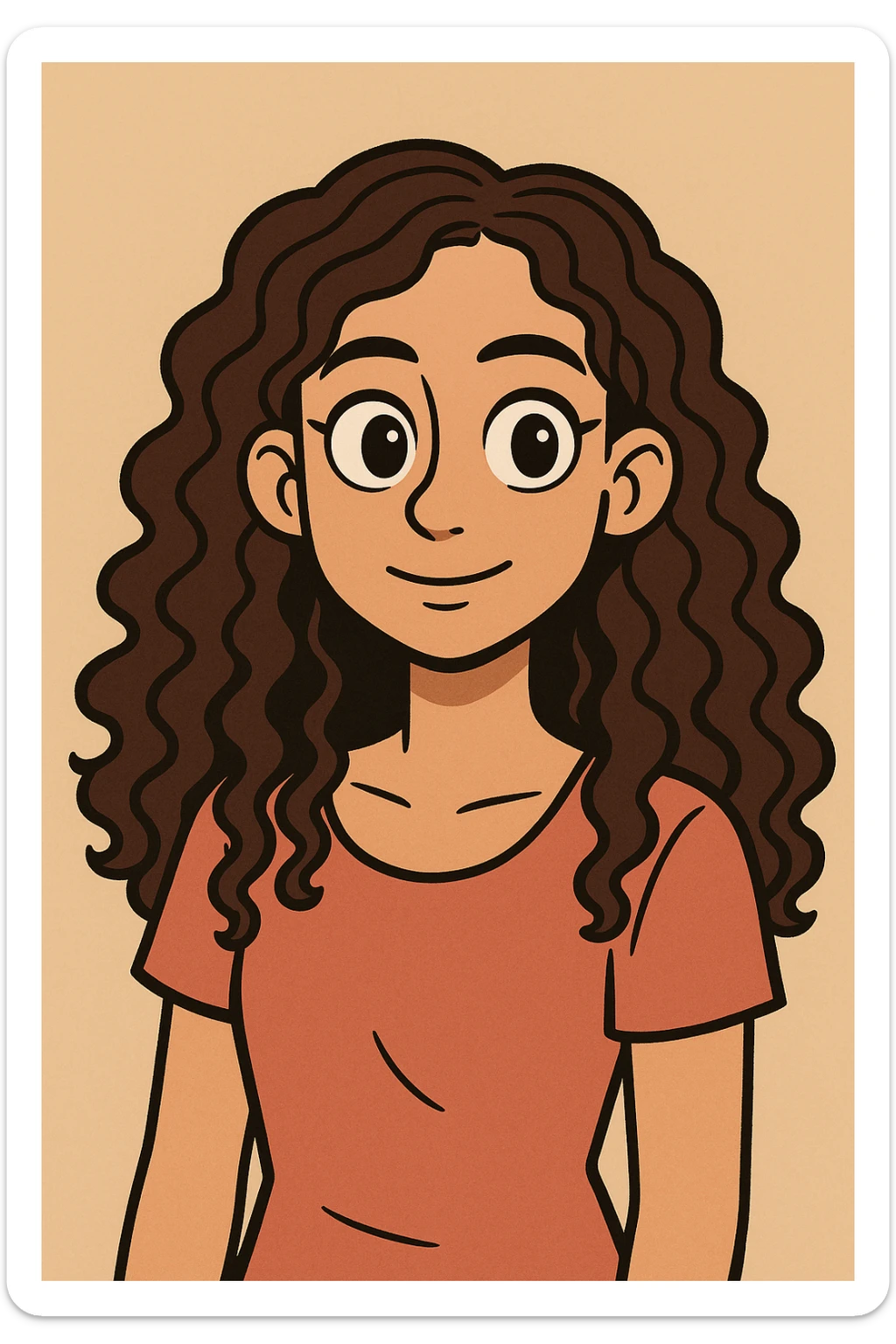 portrait of a girl with long curly brown hair type 3a and dark brown eyes, soft anime style sticker