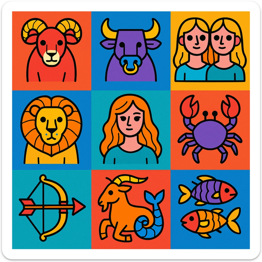 zodiac sign icons, vibrant cartoon style, bright colors, bold outlines sticker
