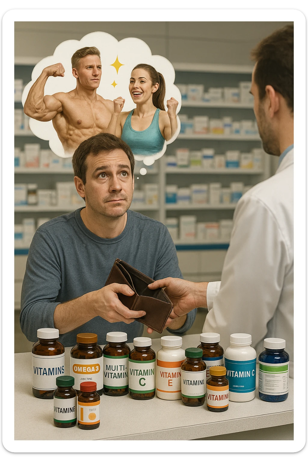 a man stands at a pharmacy counter, handing over a nearly empty wallet to the cashier while the counter is filled with bottles of supplements and vitamins. His expression is hopeful but slightly anxious. In the background, a thought bubble shows exaggerated images of instant health and fitness, symbolizing unrealistic expectations.  in italiano super realistica sticker